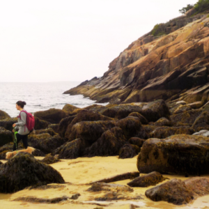 woman walking on beach with dog.